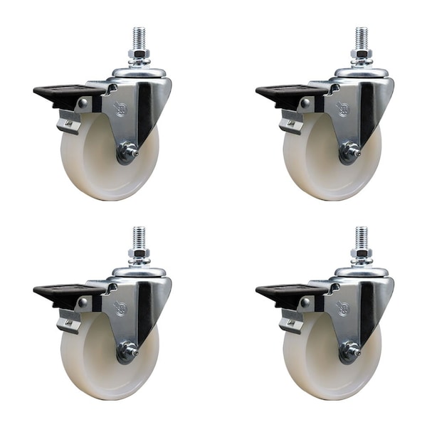 4 Inch Nylon 12 Inch Threaded Stem Caster Set with Brake